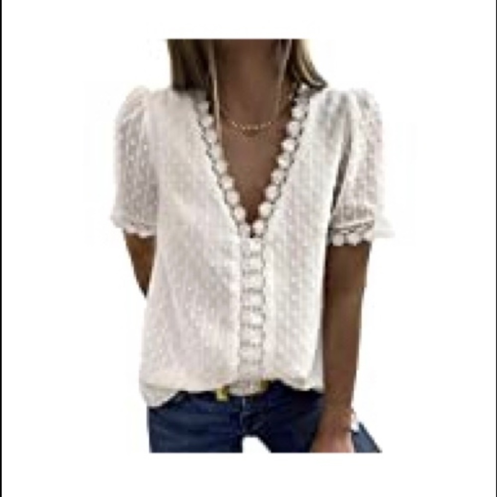 Women's White Swiss Dot V-Neck Blouse with Lace Trim